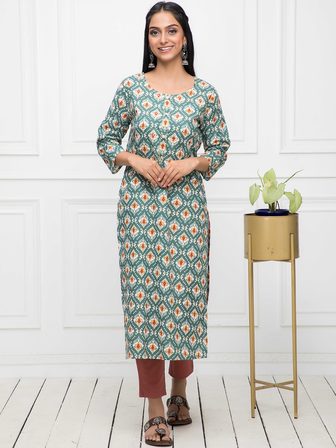 

Myshka Ethnic Motifs Printed Cotton Kurta, Green