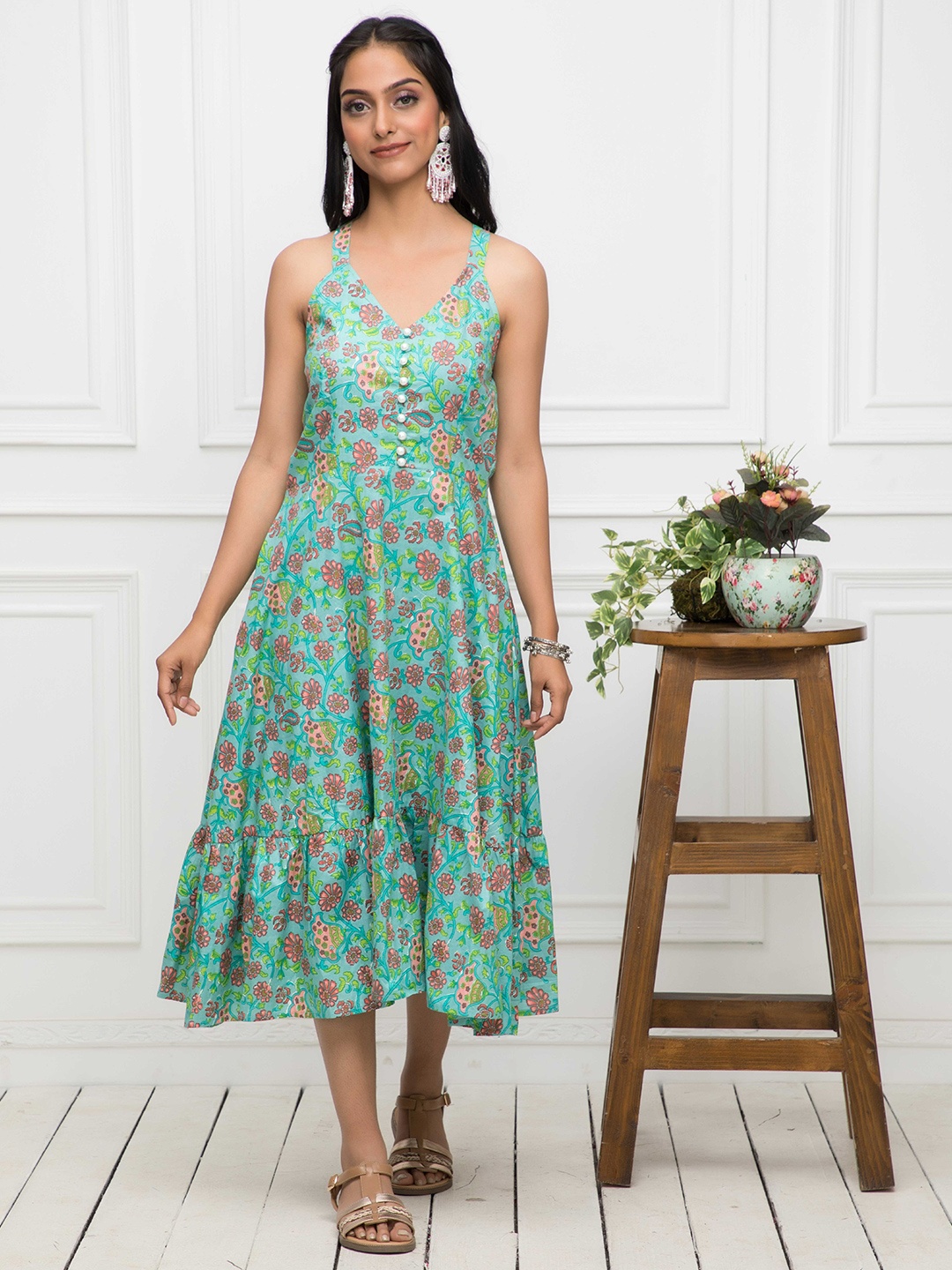 

Myshka Floral Printed Cotton A-Line Midi Dress, Green