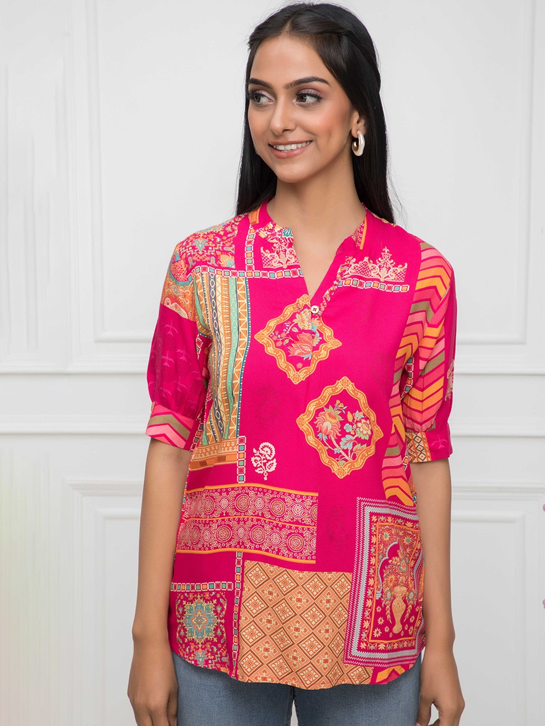 

Myshka Ethnic Motif Printed Mandarin Collar Puff Sleeves Top, Pink