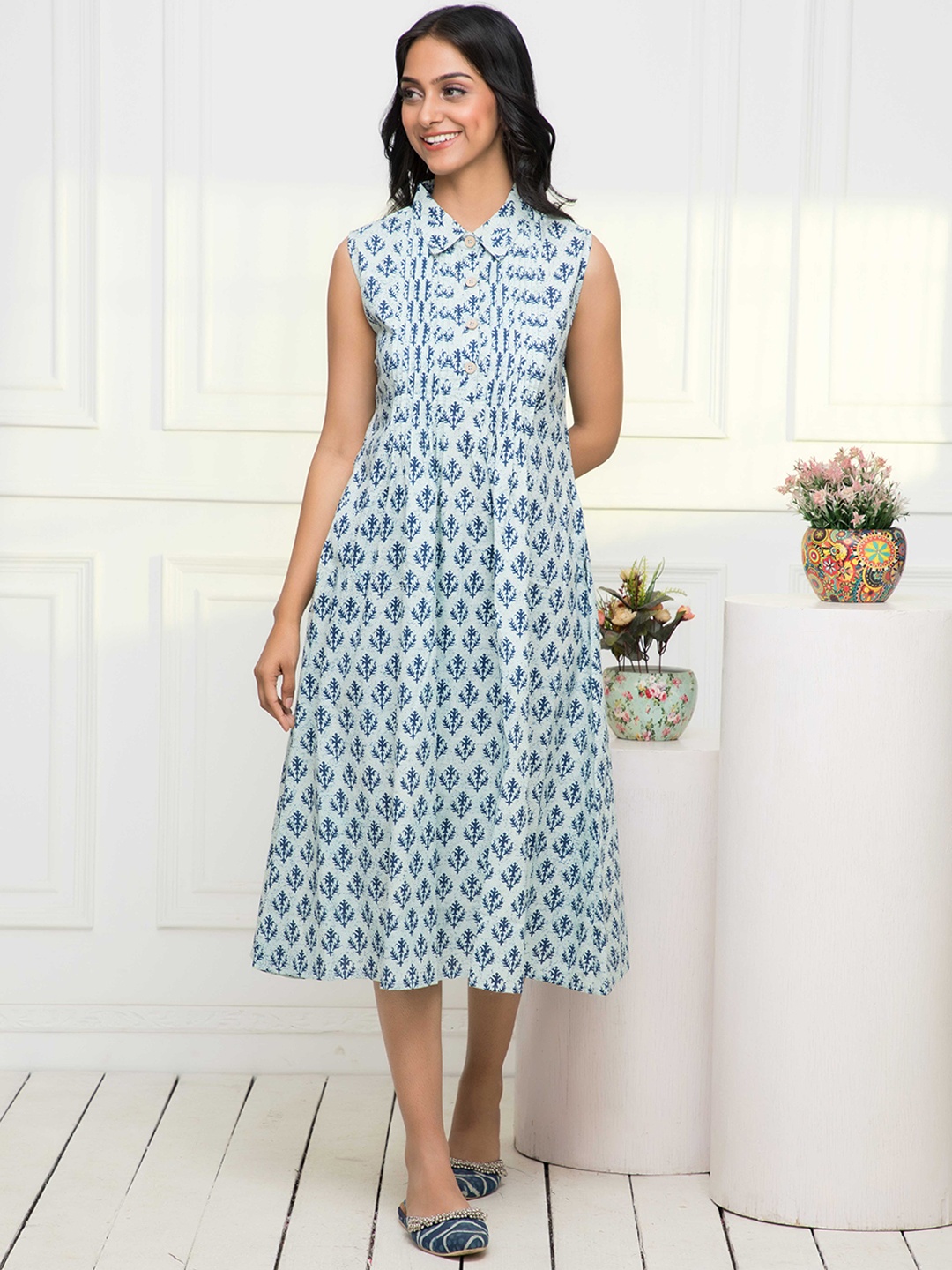 

Myshka Ethnic Motifs Printed Sleeveless Cotton A-Line Dress, Blue