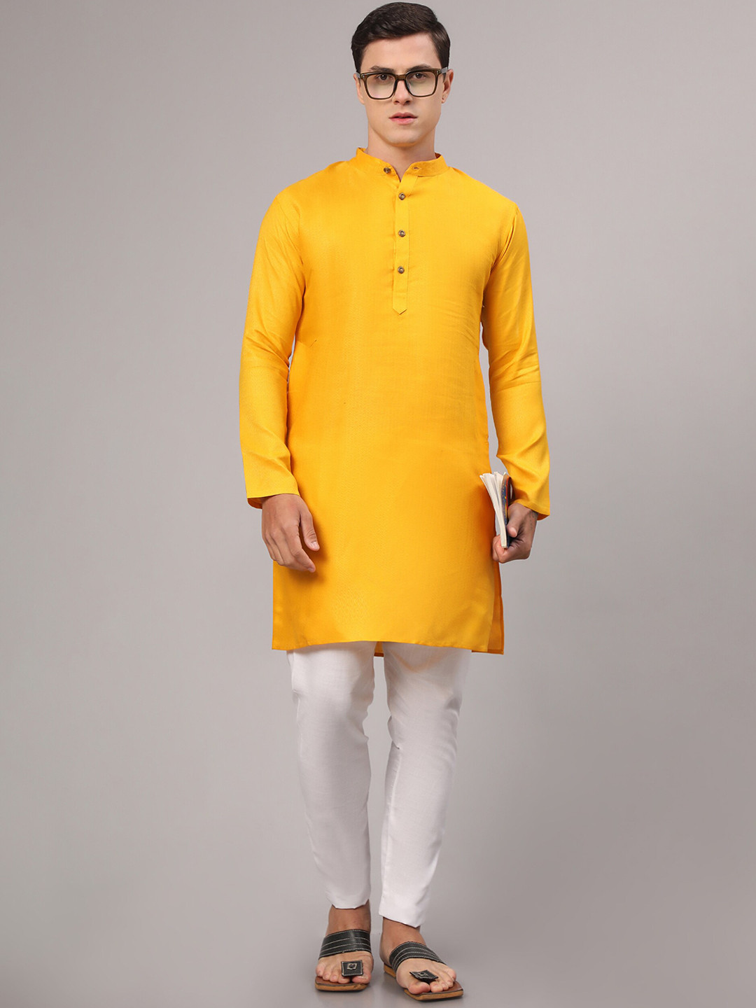 

Murta Trends Band Collar Ethnic Motifs Self Design Straight Kurta with Pyjamas, Yellow