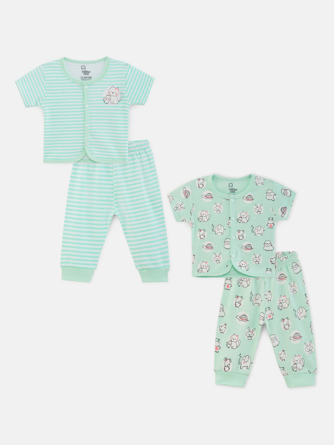 

Cuddles for Cubs Infant Kids Pack Of 2 Printed Pure Cotton Jhabla & Pyjamas Clothing Set, Green