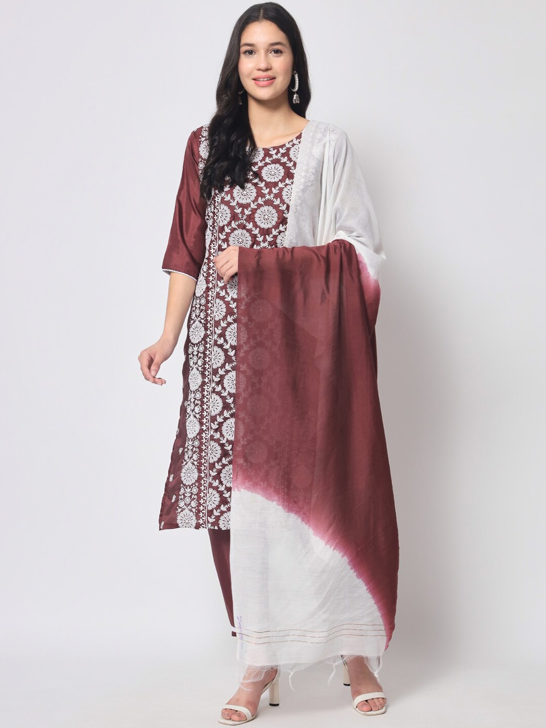 

KALINI Floral Embroidered Kurta with Trousers & With Dupatta, Burgundy