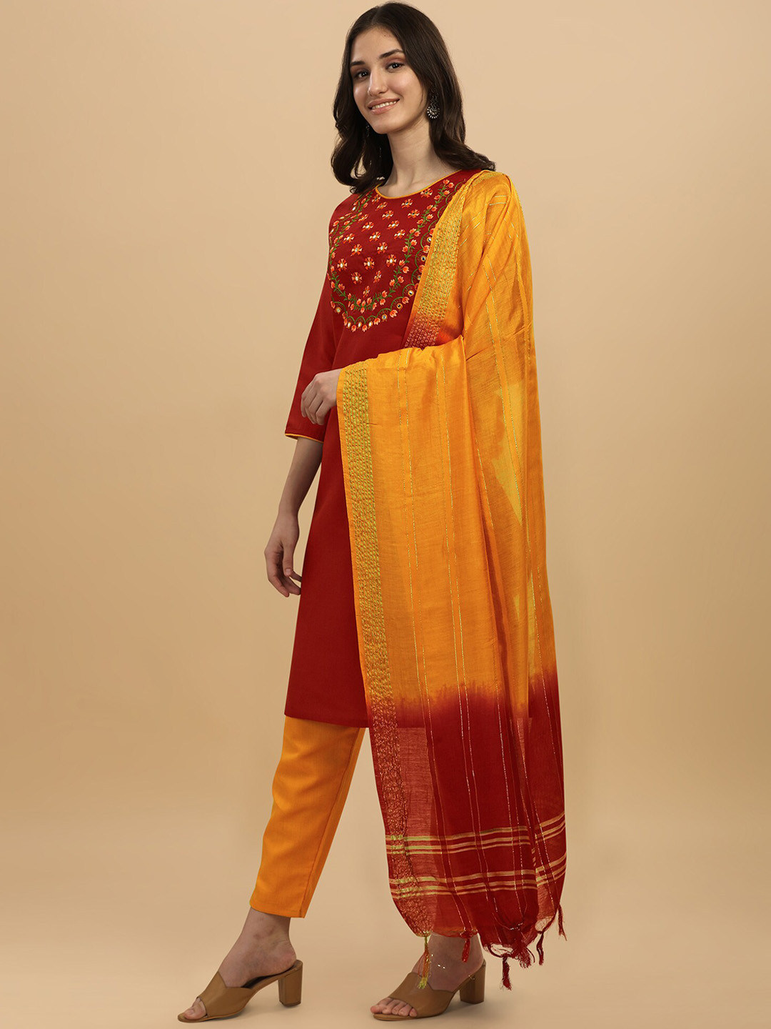 

KALINI Floral Yoke Design Regular Thread Work Kurta with Trousers & With Dupatta, Red