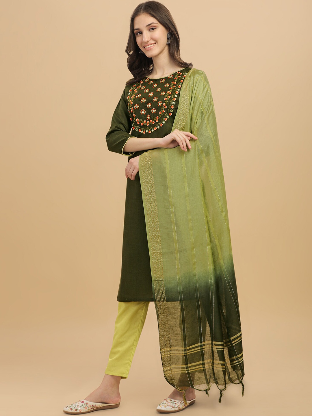 

KALINI Floral Yoke Design Regular Thread Work Kurta with Trousers & With Dupatta, Olive