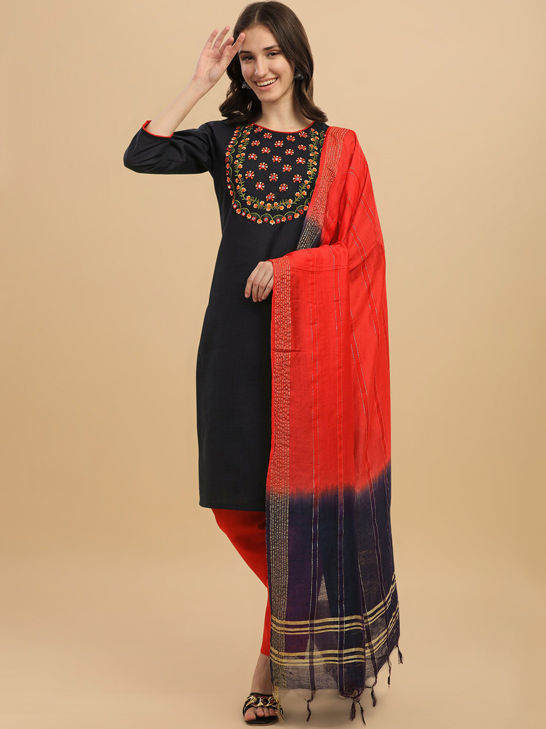 

KALINI Floral Yoke Design Regular Thread Work Kurta with Trousers & With Dupatta, Navy blue
