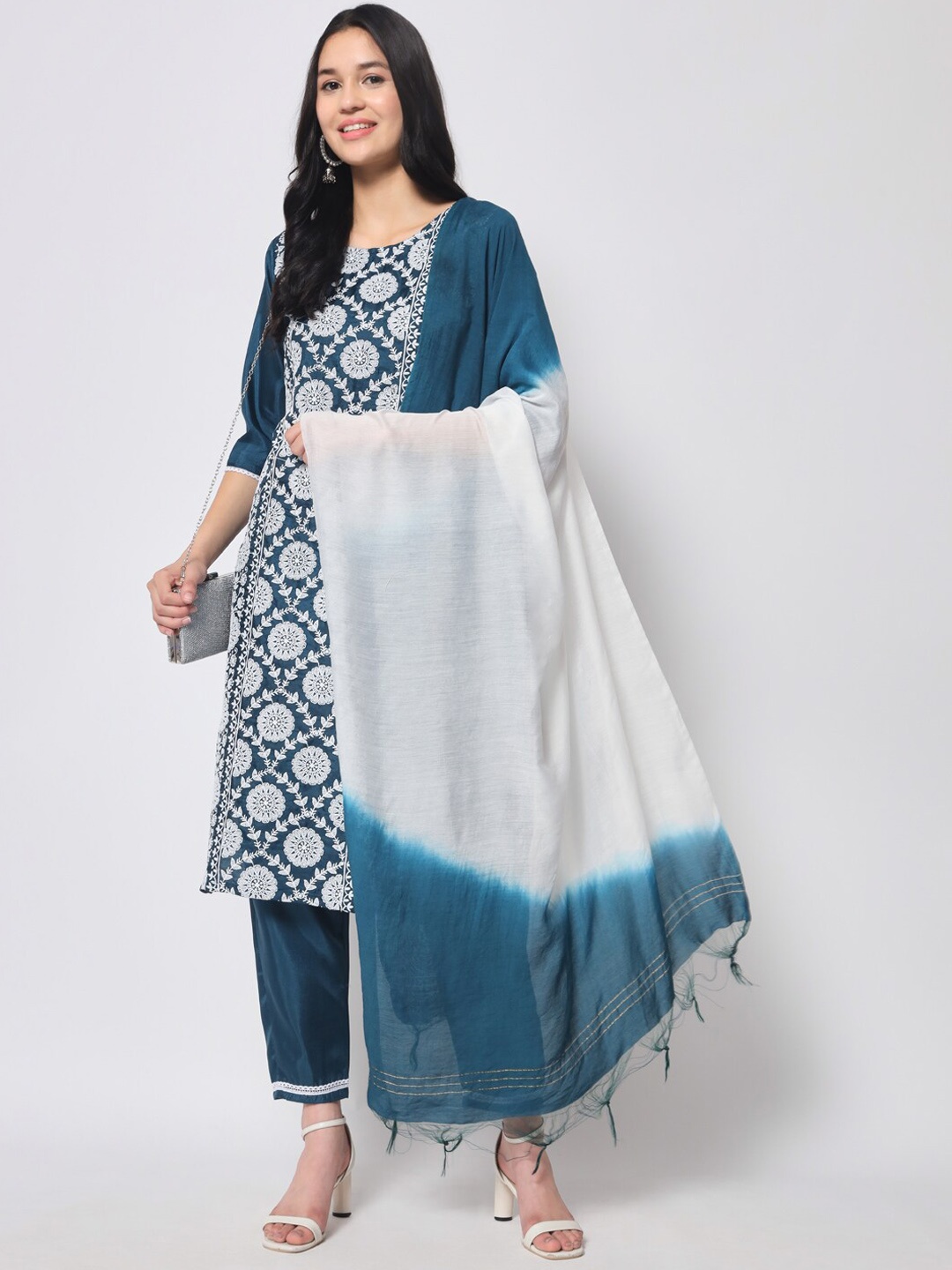 

KALINI Ethnic Motifs Embroidered Panelled Kurta with Trousers & Dupatta, Teal