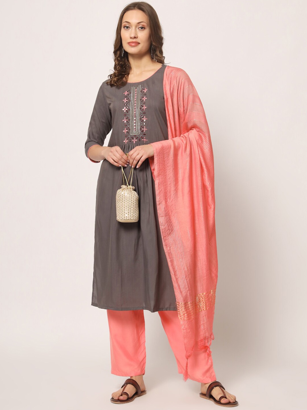 

KALINI Ethnic Motifs Embroidered Mirror Work Kurta with Trousers & Dupatta, Grey