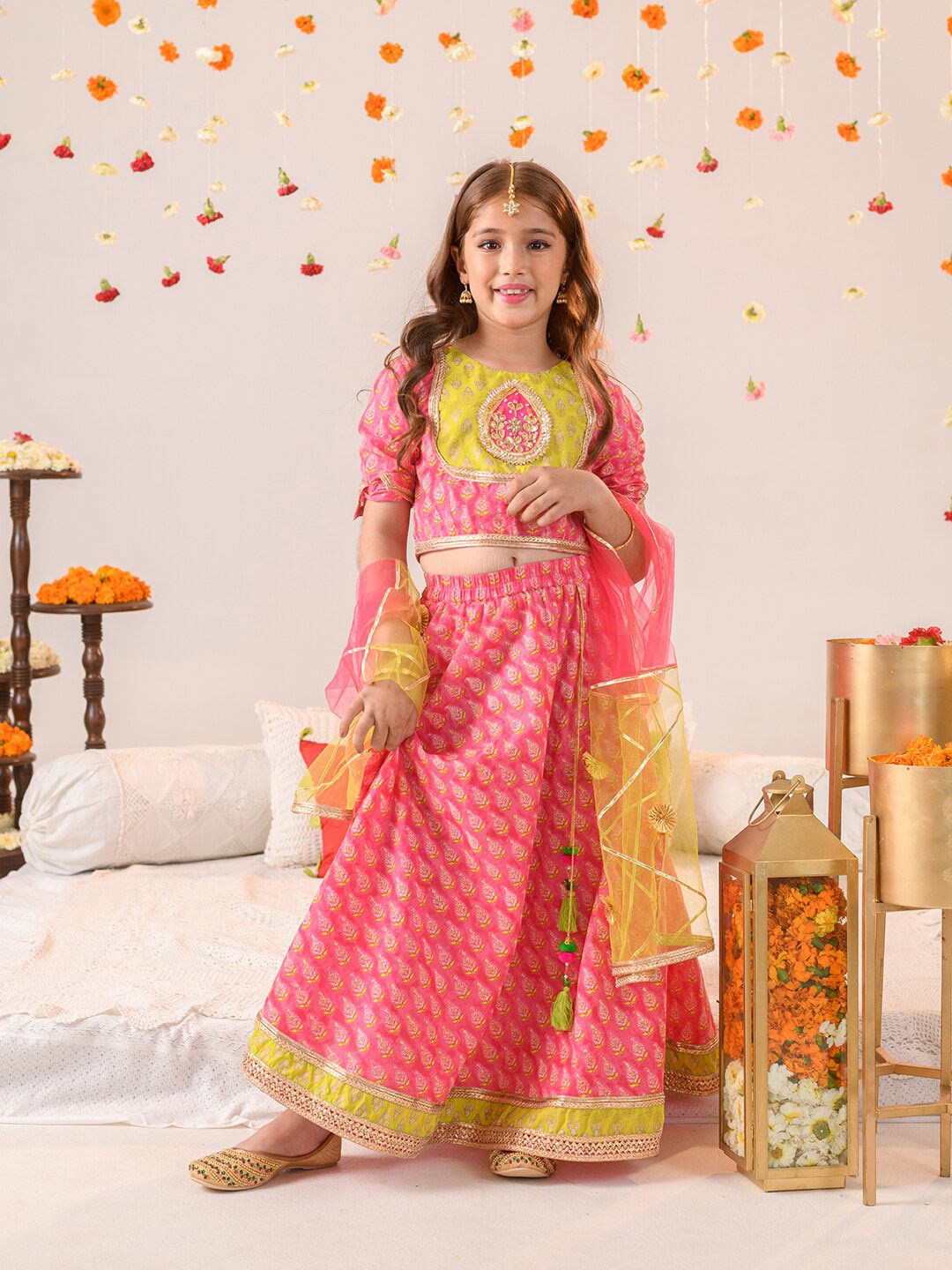 

pspeaches Girls Printed Ready to Wear Lehenga Choli With Dupatta, Magenta