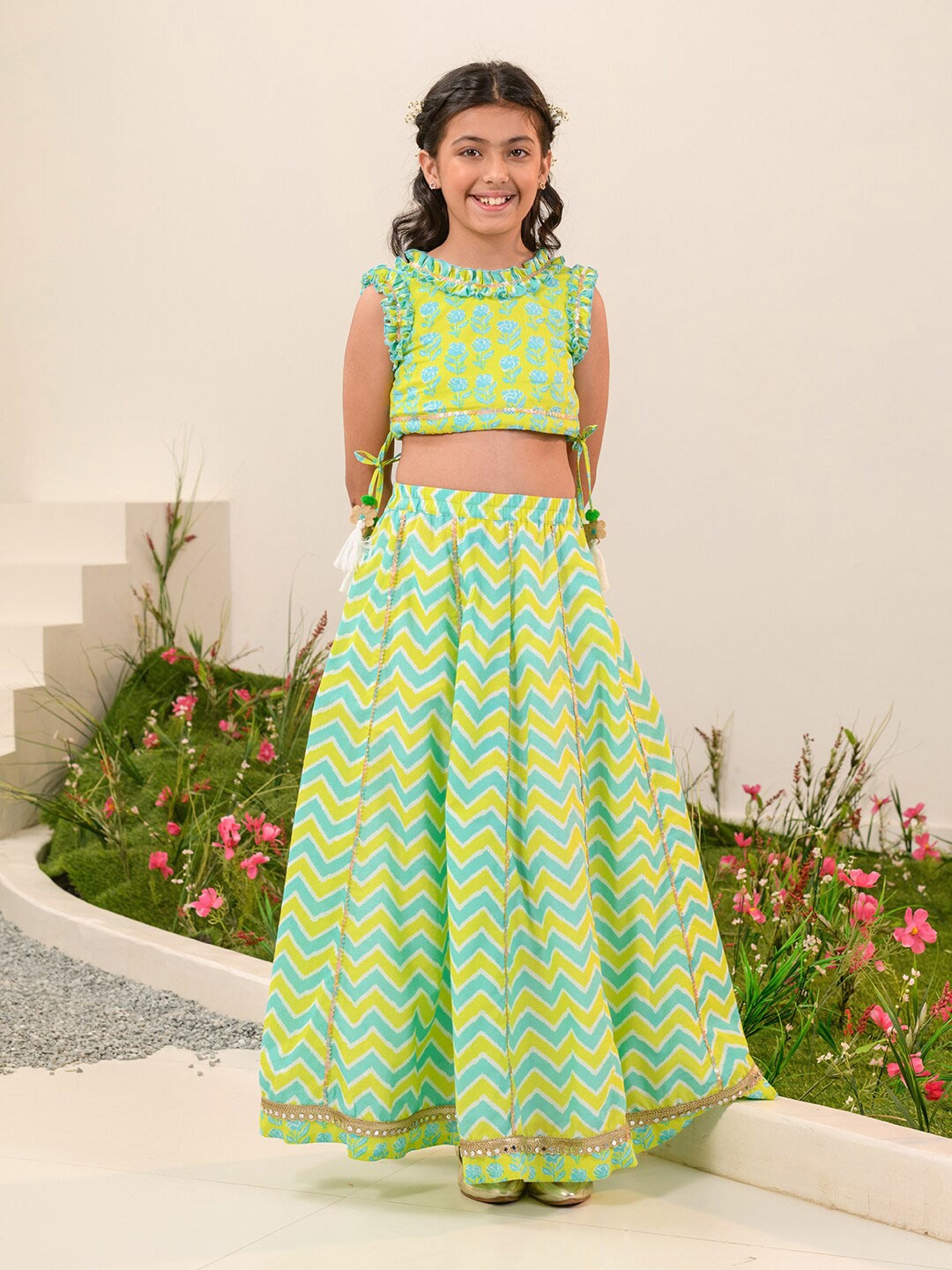 

pspeaches Girls Printed Ready to Wear Lehenga Choli, Green