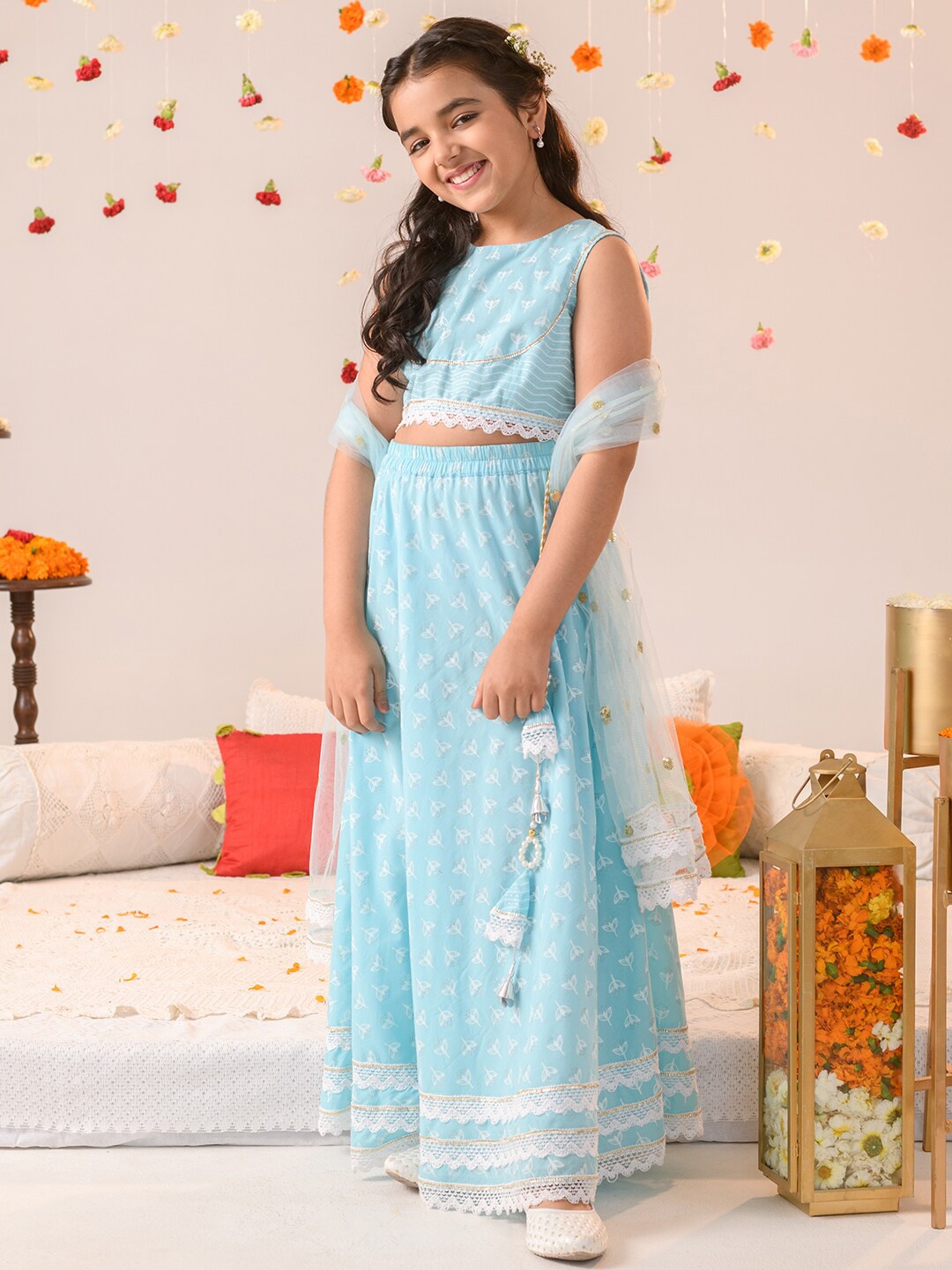 

pspeaches Girls Printed Ready to Wear Lehenga & Blouse With Dupatta, Blue