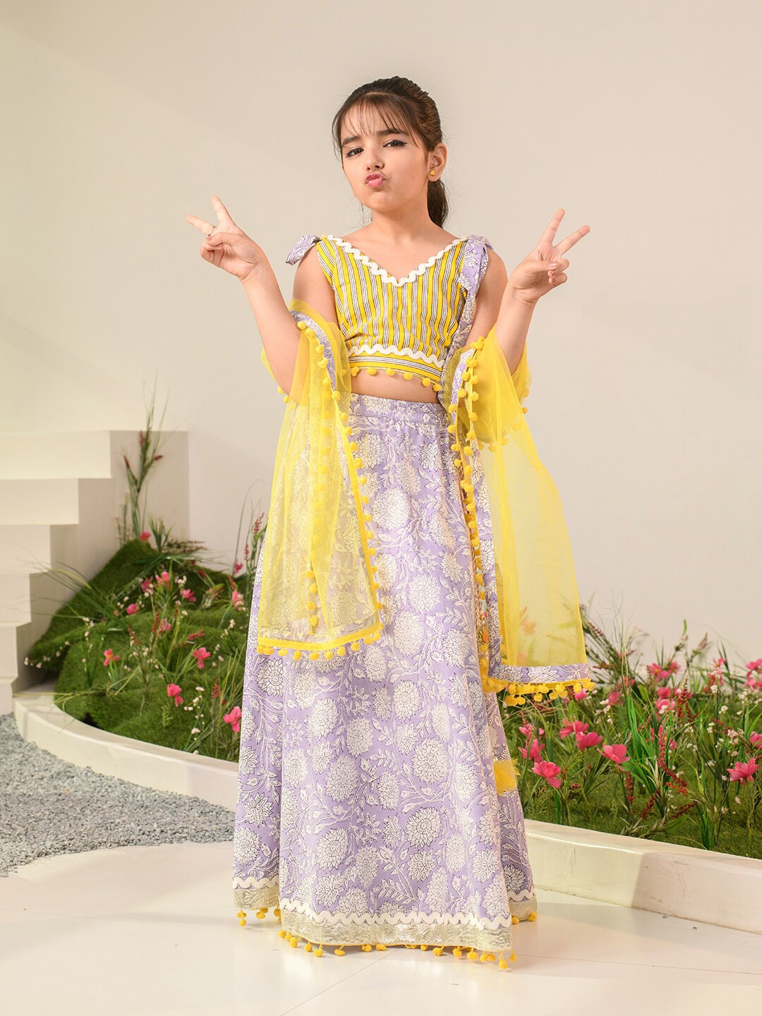 

pspeaches Girls Printed Ready to Wear Lehenga & Blouse With Dupatta, Purple
