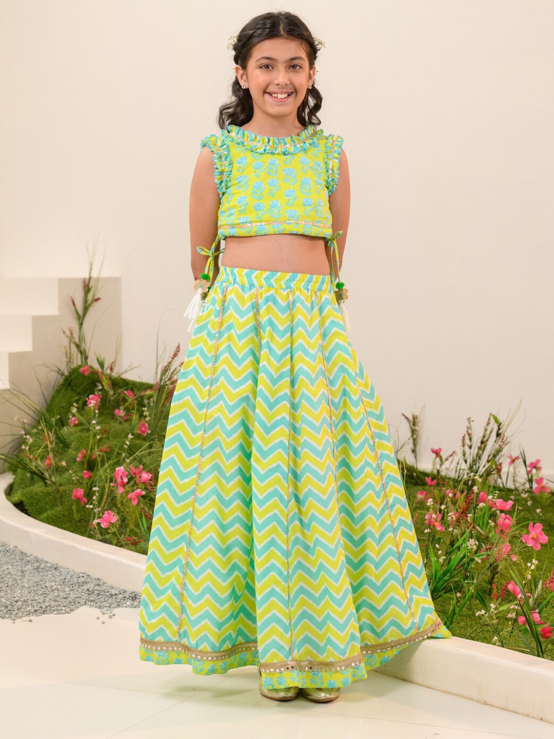 

pspeaches Girls Printed Ready To Wear Lehenga Choli, Green