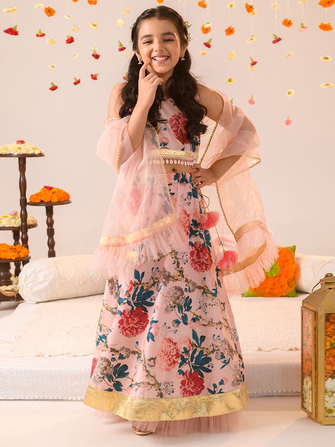 

pspeaches Girls Printed with Gotta Patti Ready to Wear Lehenga & Blouse With Dupatta, Peach