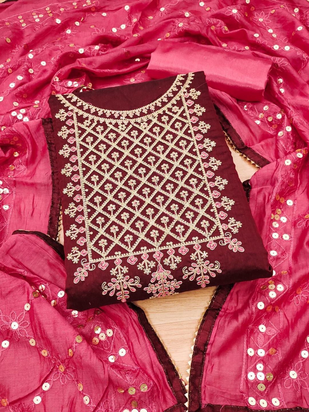 

KALINI Ethnic Motifs Embroidered Chanderi Silk Unstitched Dress Material, Maroon