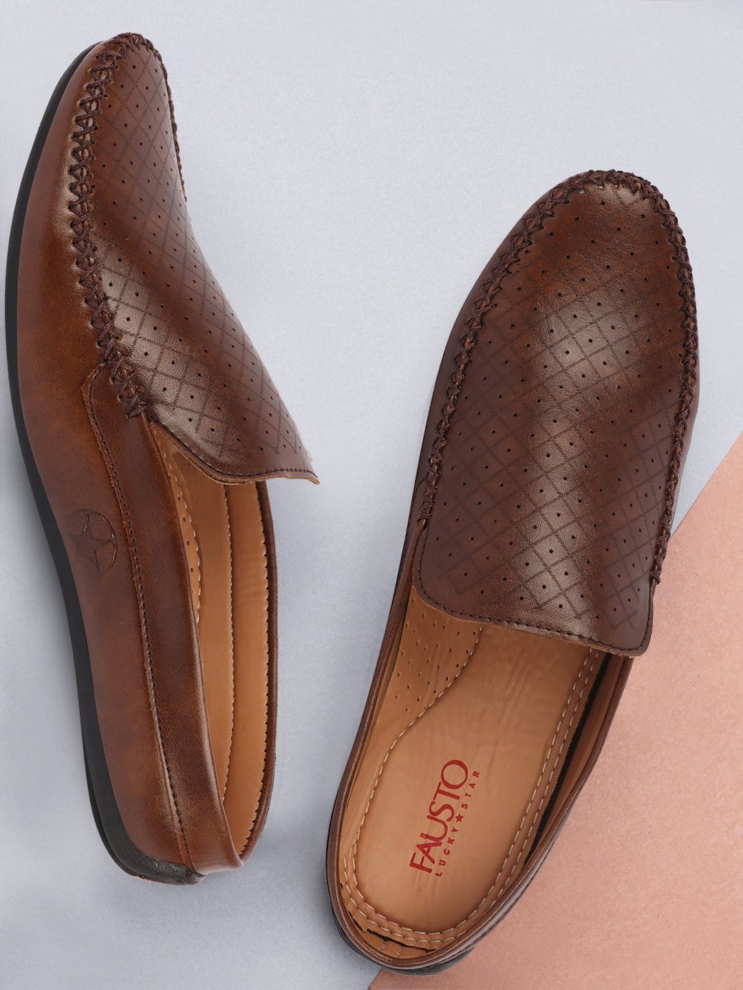 

FAUSTO Men Perforated Lightweight Back Open Loafers, Brown