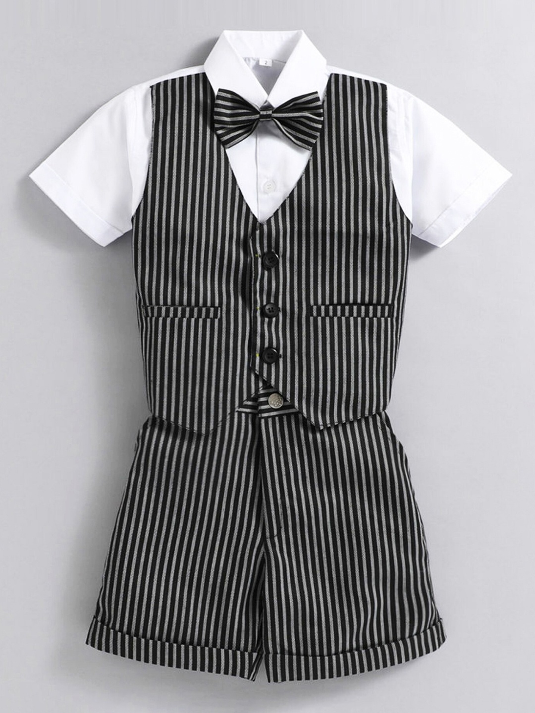 

Jeetethnics Boys Black & White Striped Shirt & Shorts With Bow