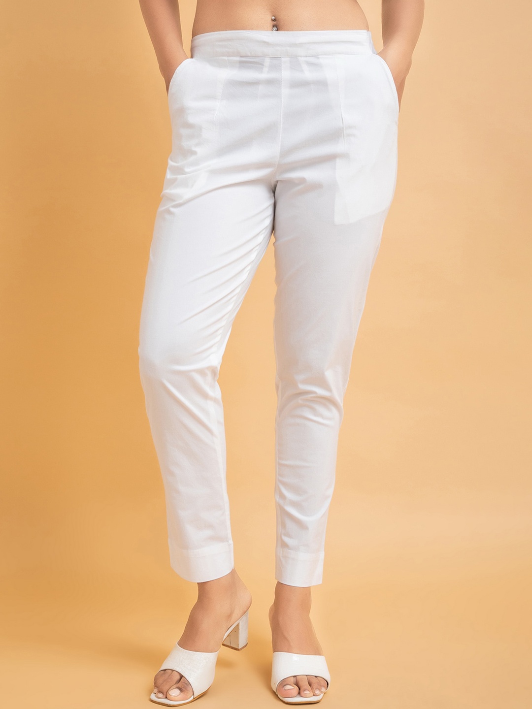 

SUTI Women Slim Fit Mid-Rise Cotton Cigarette Trousers, White