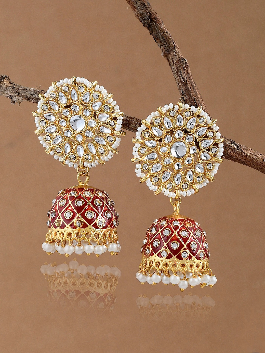 

DASTOOR Brass-Plated Dome Shaped Kundan Studded Jhumkas, Gold