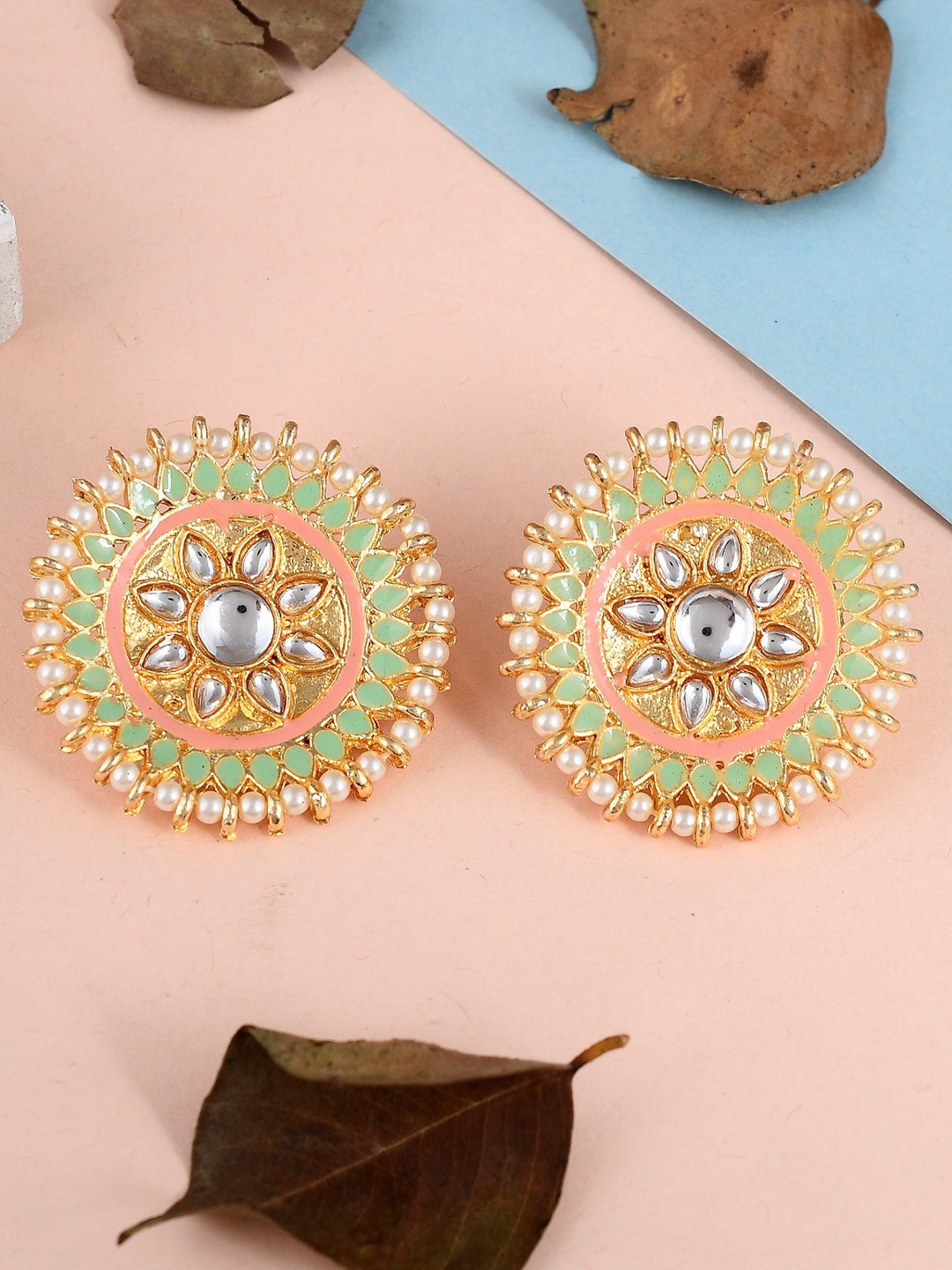 

DASTOOR Brass-Plated Contemporary Kundan Studded Drop Earrings, Gold