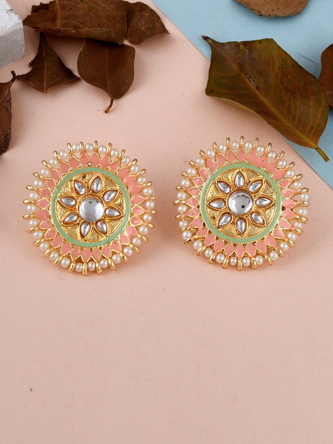 

DASTOOR Brass-Plated Contemporary Kundan Studded Drop Earrings, Gold