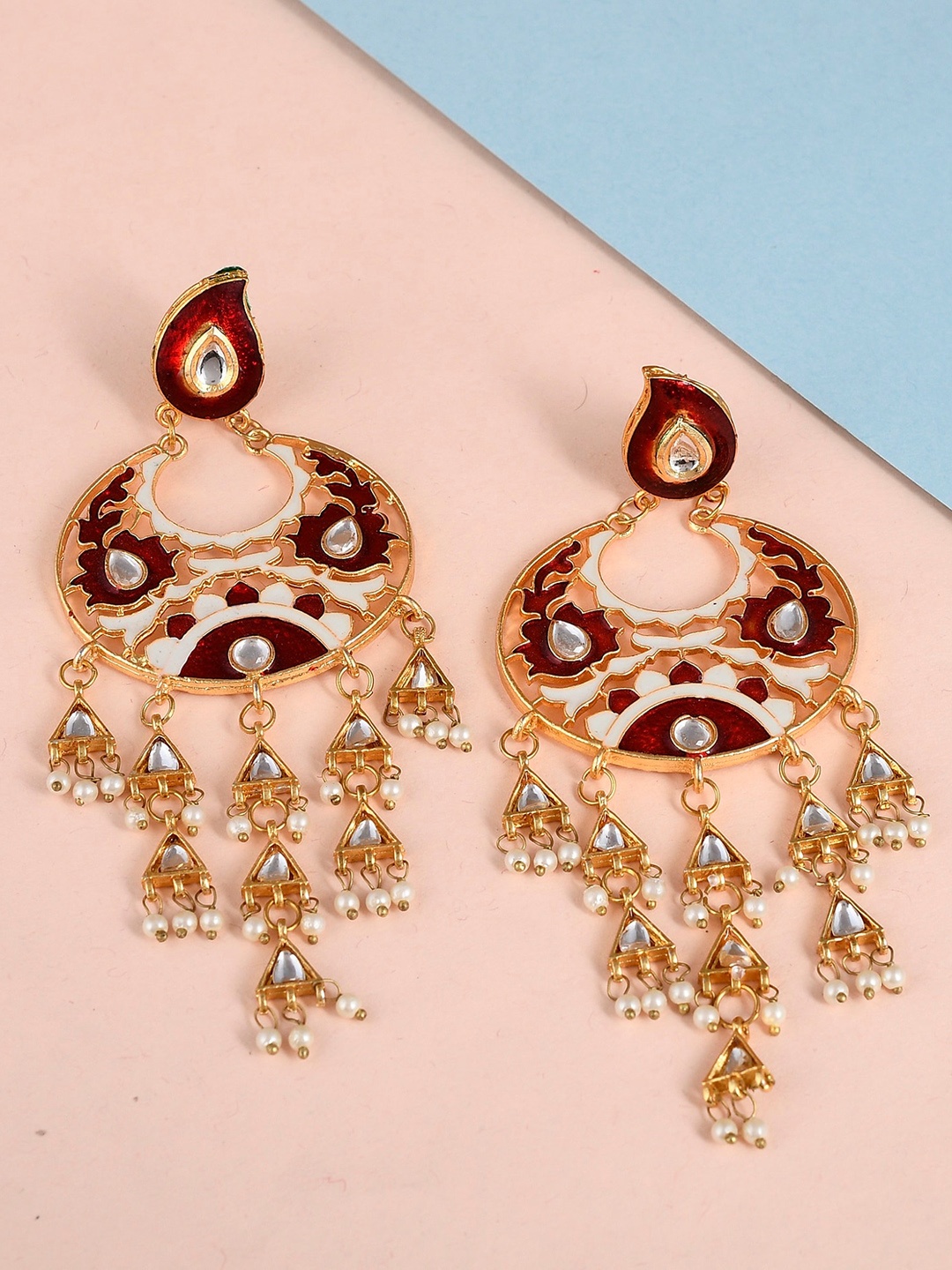 

DASTOOR Brass-Plated Contemporary Kundan Studded Chandbalis Earrings, Gold