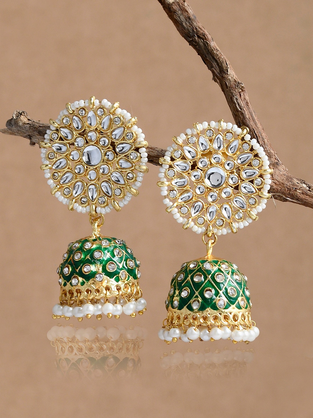 

DASTOOR Brass-Plated Dome Shaped Kundan Studded Jhumkas, Gold