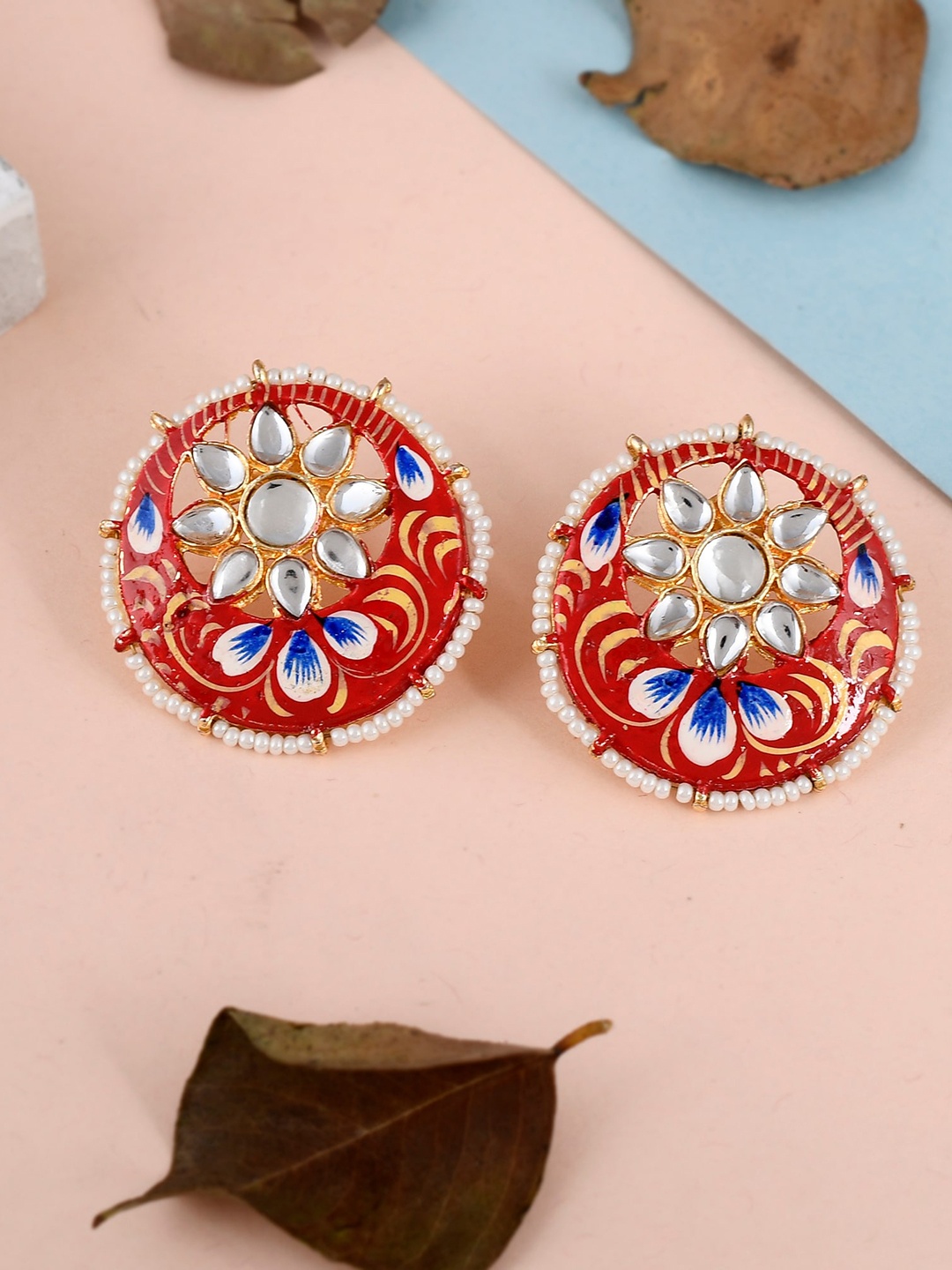 

DASTOOR Brass-Plated Circular Kundan Studded Drop Earrings, Gold