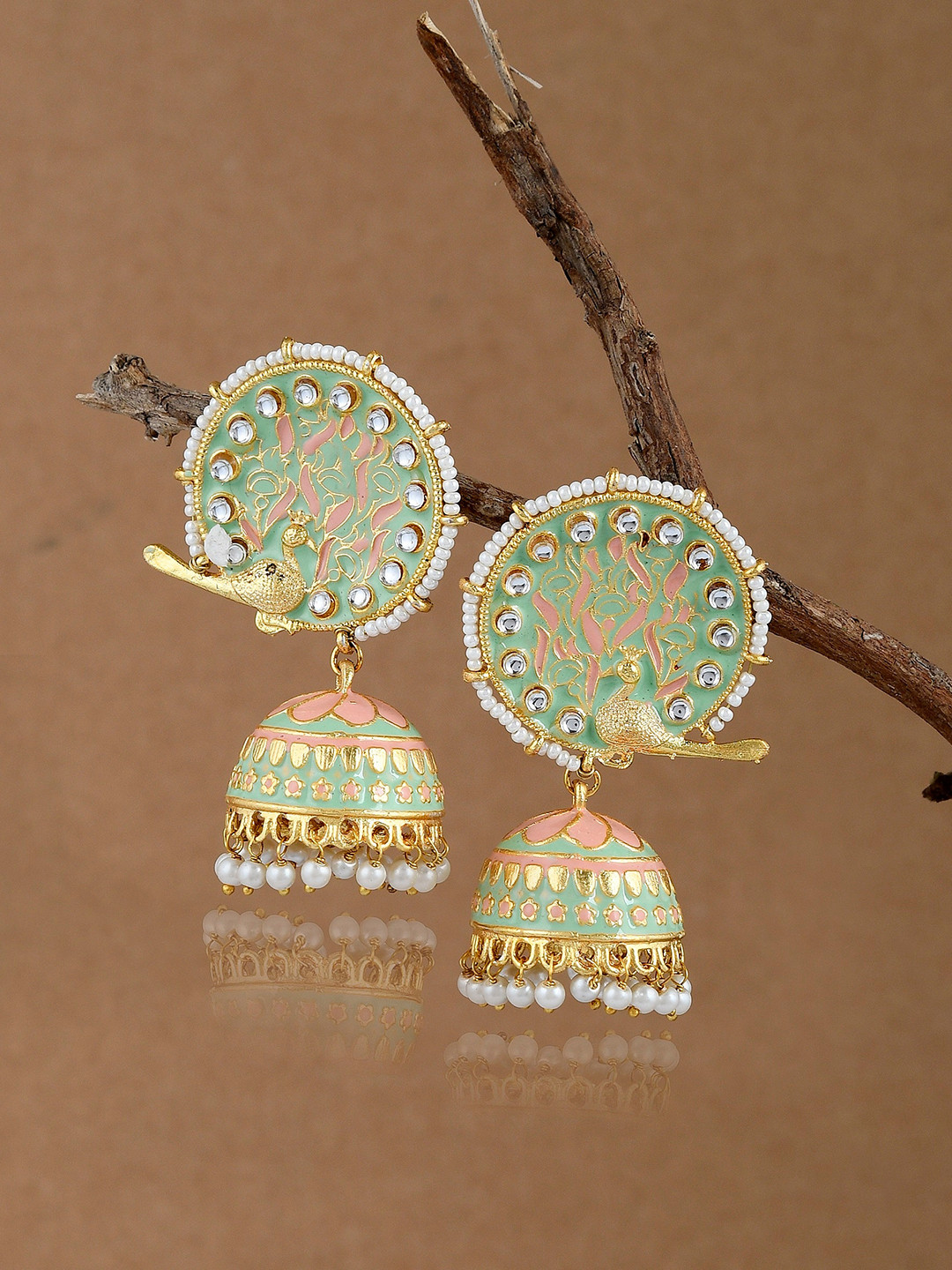 

DASTOOR Brass-Plated Contemporary Jhumkas Earrings, Green