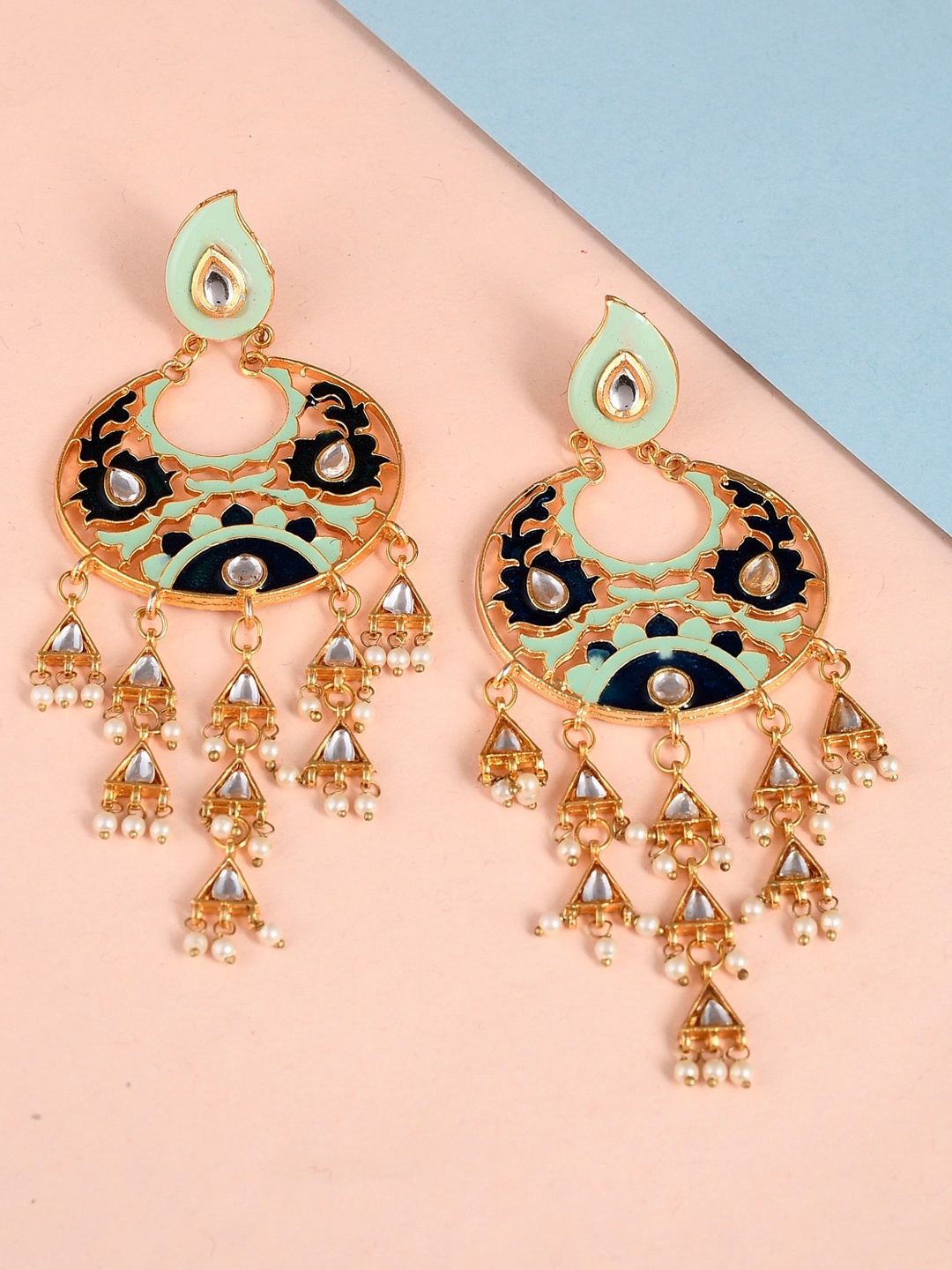 

DASTOOR Brass-Plated Contemporary Chandbalis Earrings, Sea green