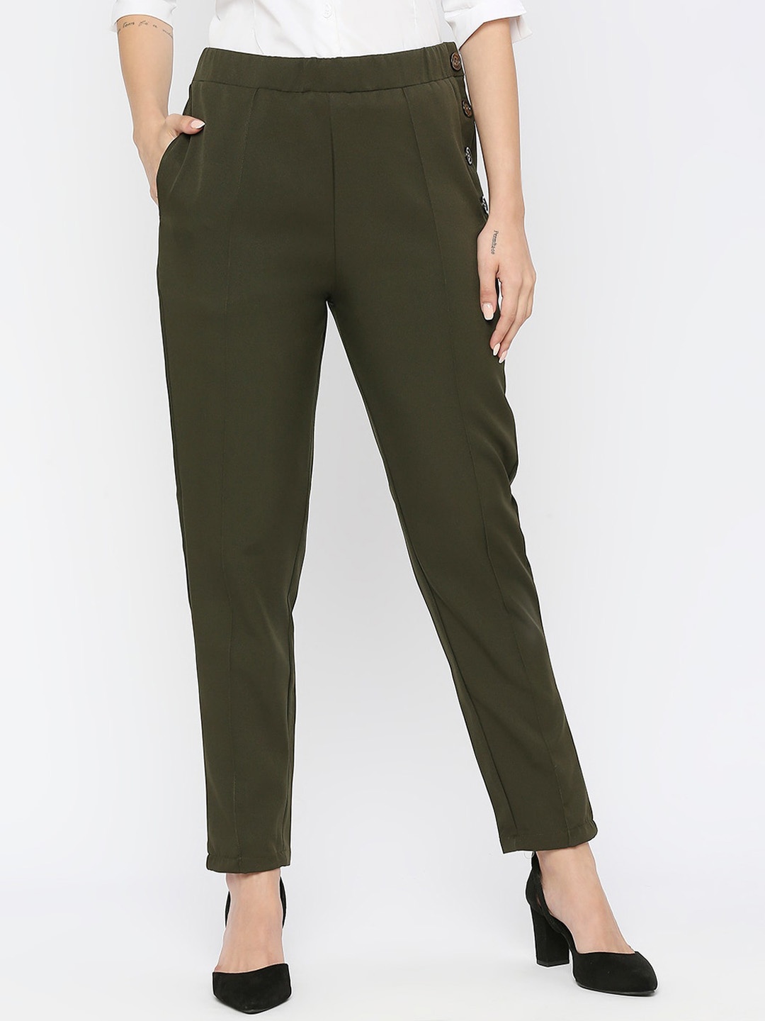 

Smarty Pants Women Relaxed Straight Leg Straight Fit High-Rise Easy Wash Peg Trousers, Olive