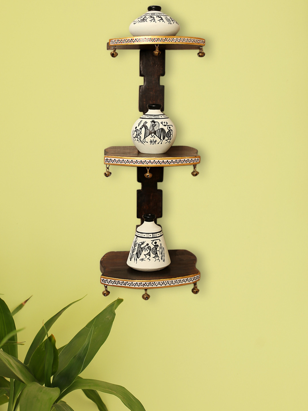 

ExclusiveLane Wooden Wall Shelf With 3 Pc Terracotta Warli Handpainted Pots, Brown