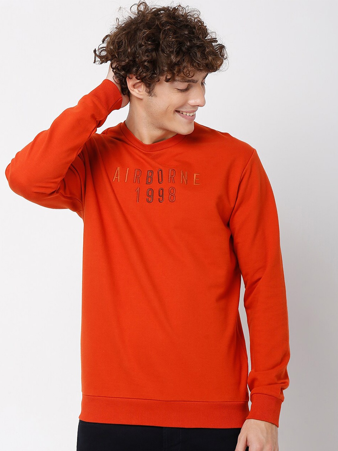 

Mufti Typography Slim Fit Full Sleeves Pure Cotton Sweatshirt, Rust