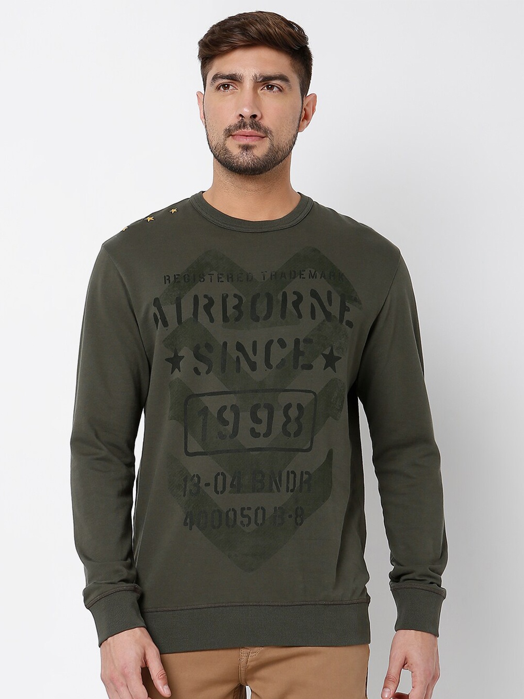 

Mufti Men Printed Pure Cotton Sweatshirt, Olive