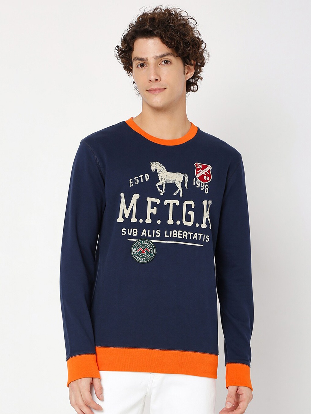 

Mufti Printed Slim Fit Full Sleeves Pure Cotton Sweatshirt, Navy blue