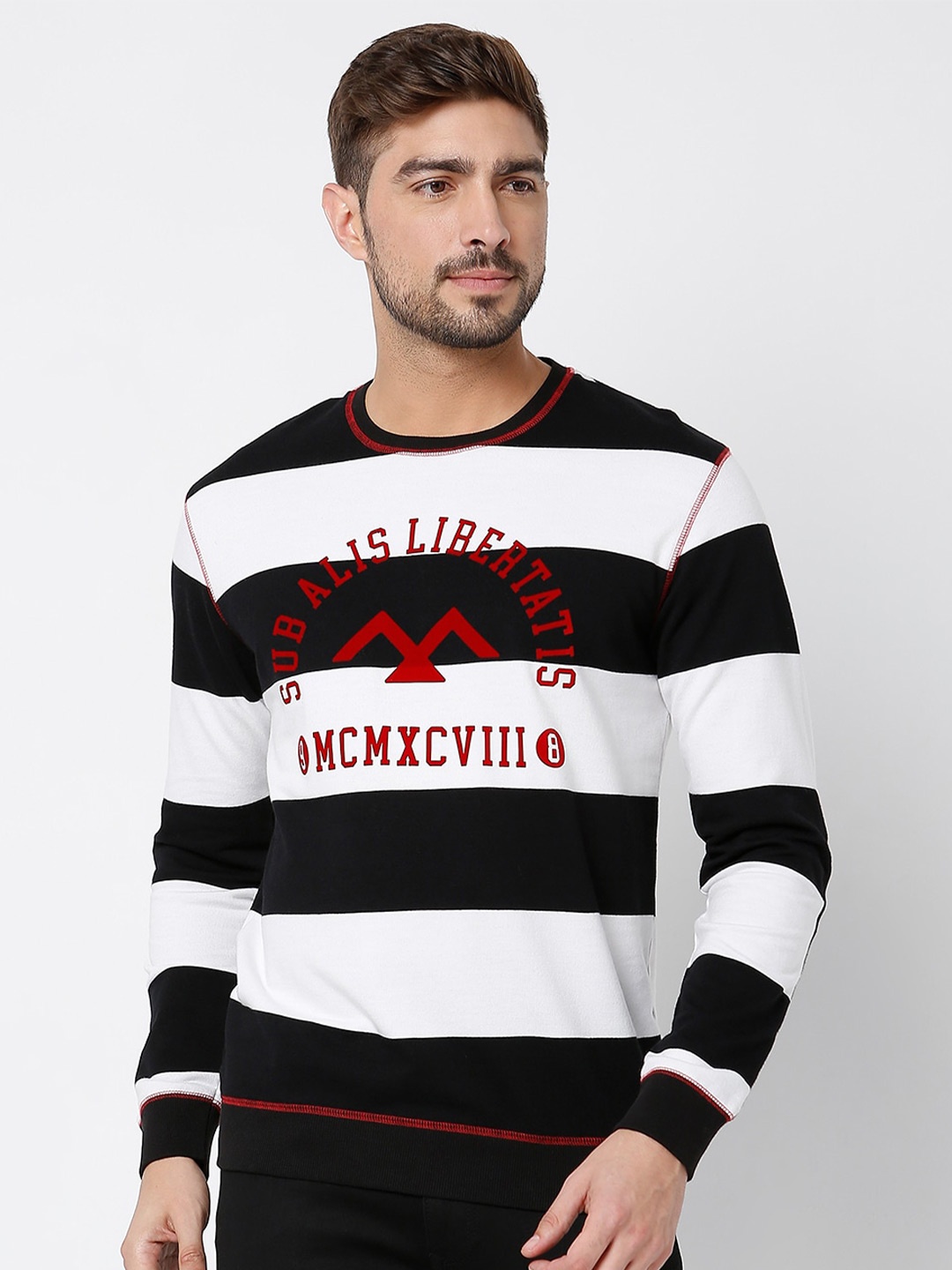 

Mufti Men Striped Pure Cotton Sweatshirt, Black