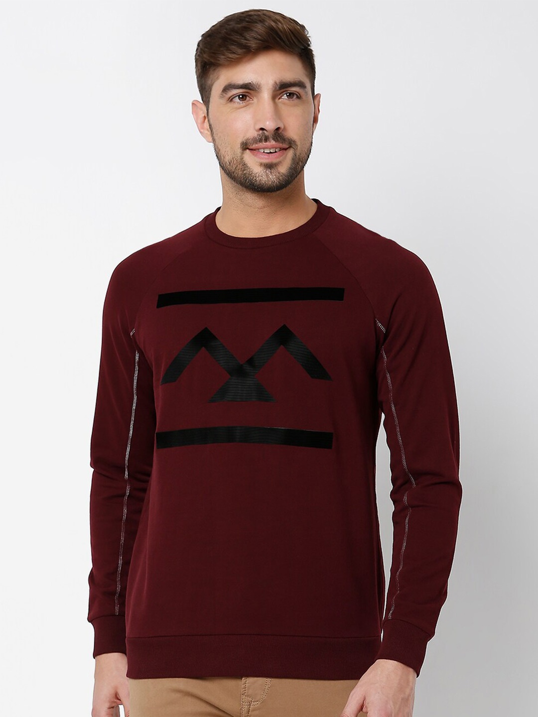 

Mufti Printed Slim Fit Full Sleeves Pure Cotton Sweatshirt, Burgundy