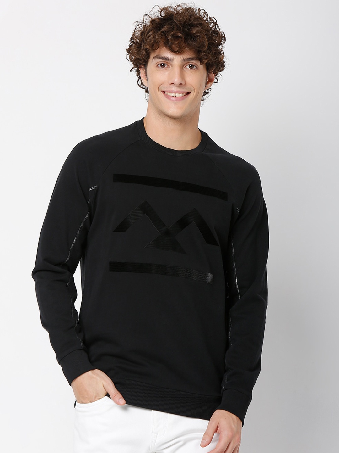 

Mufti Printed Round Neck Pure Cotton Sweatshirt, Black