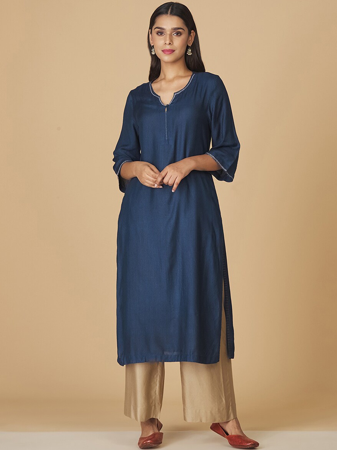 

Fabindia Notched Neck Striped Thread Work A-Line Kurta, Navy blue