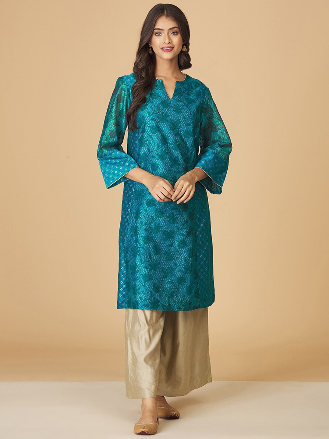 

Fabindia Floral Printed A-Line Cotton Silk Kurta, Teal