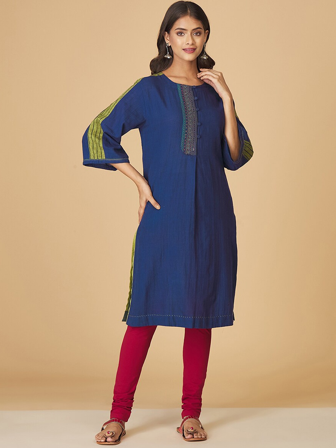 

Fabindia Ethnic Motifs Yoke Design Thread Work Cotton Kurta, Navy blue