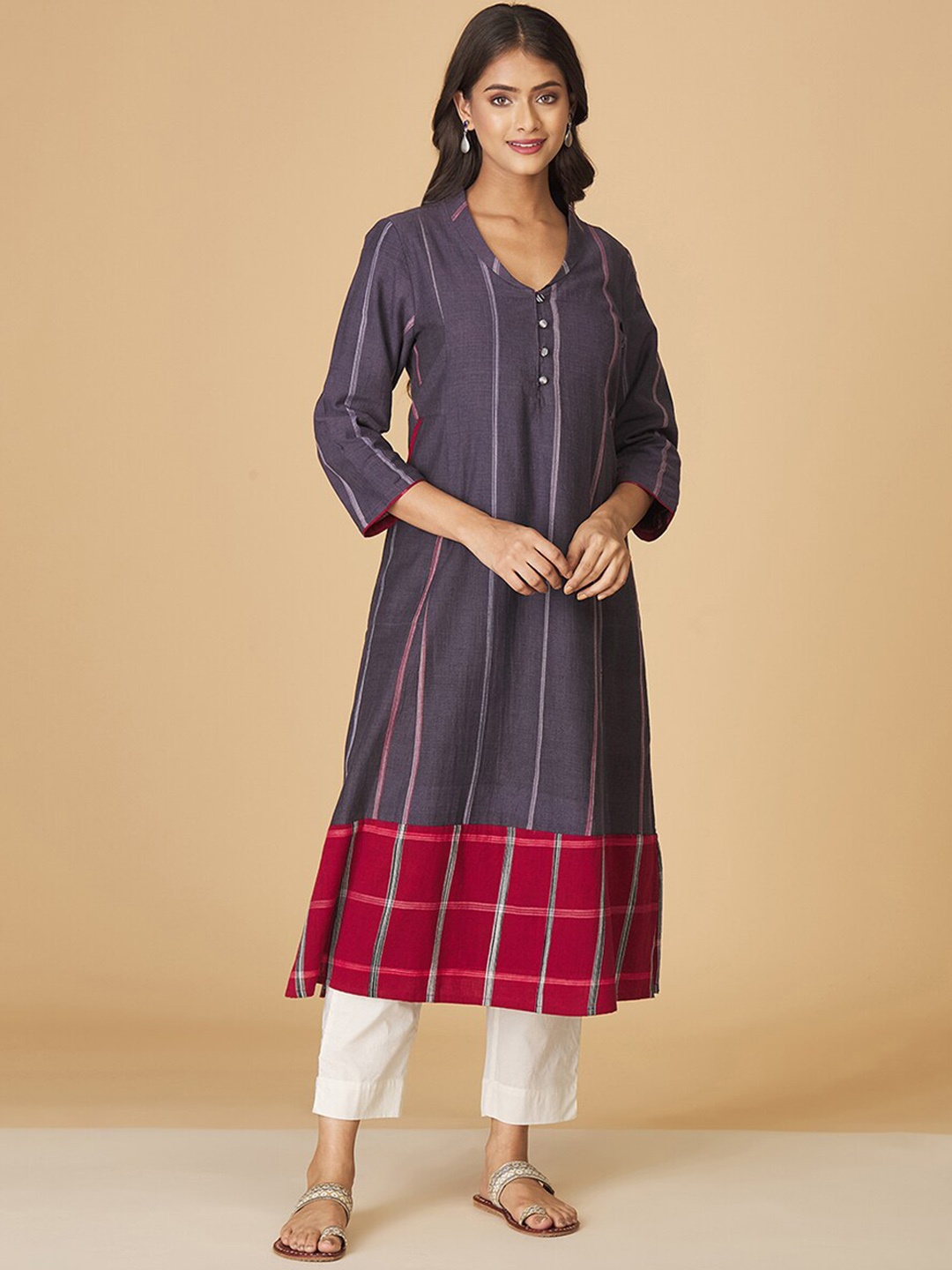 

Fabindia Striped V-Neck Cotton A-Line Kurta, Purple