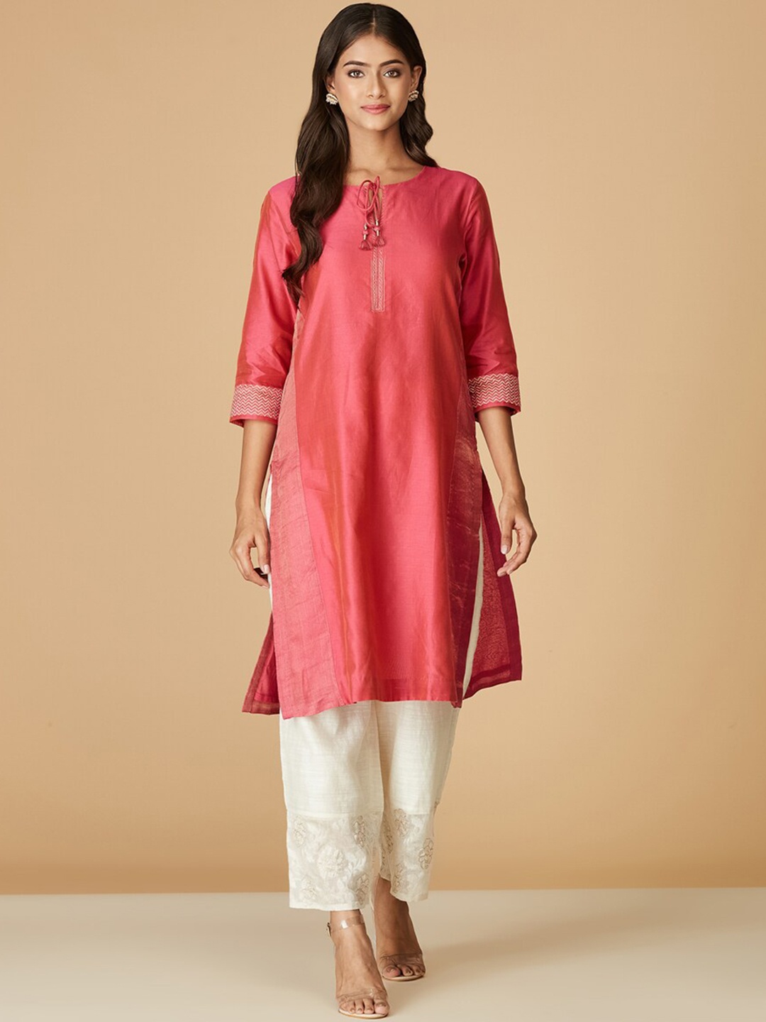 

Fabindia Tie-Up Neck Thread Work Panelled A-Line Cotton Silk Kurta, Red