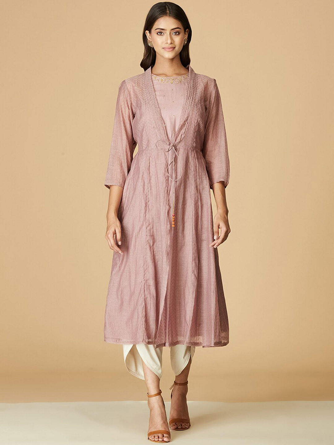 

Fabindia Ethnic Motifs Embroidered Tie-Up Detailed A-Line Kurta, Mauve