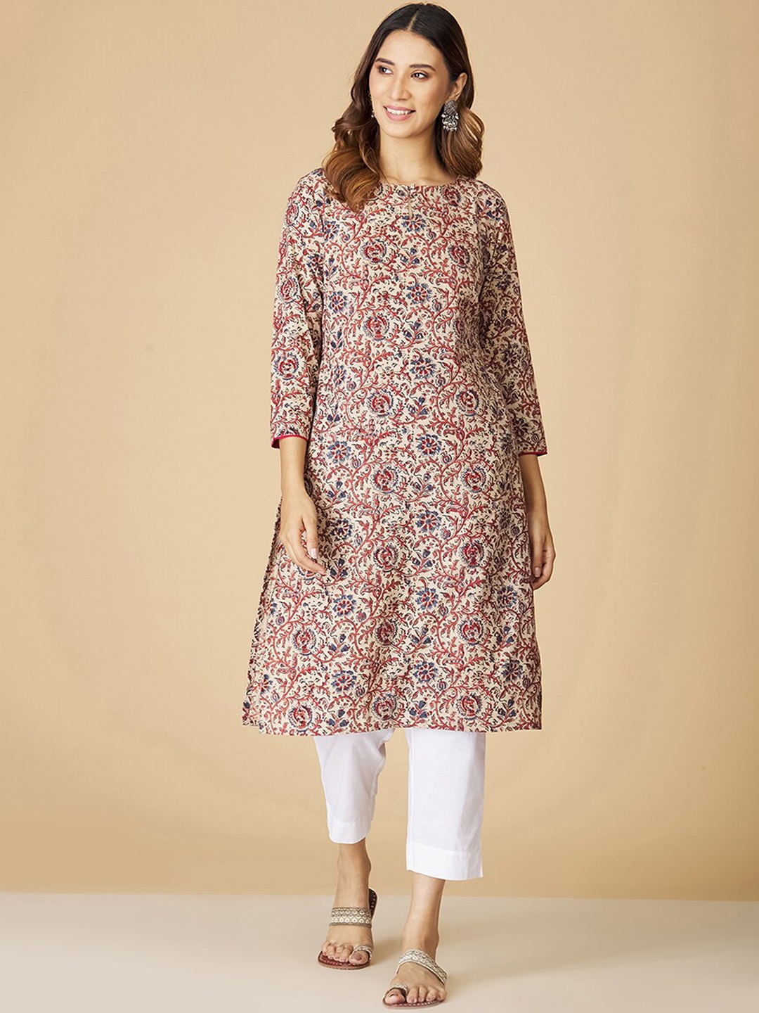 

Fabindia Floral Printed Cotton Straight Kurta, Beige