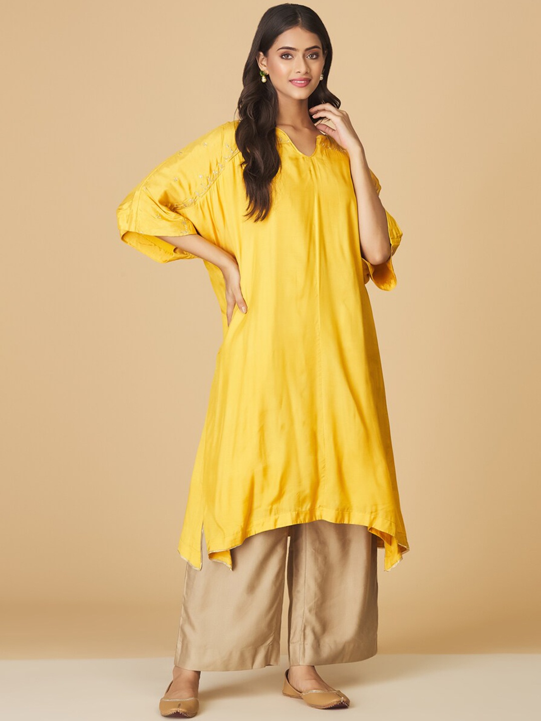 

Fabindia Ethnic Motifs Embroidered Zari Sequined A-Line Asymmetric Kurta, Yellow