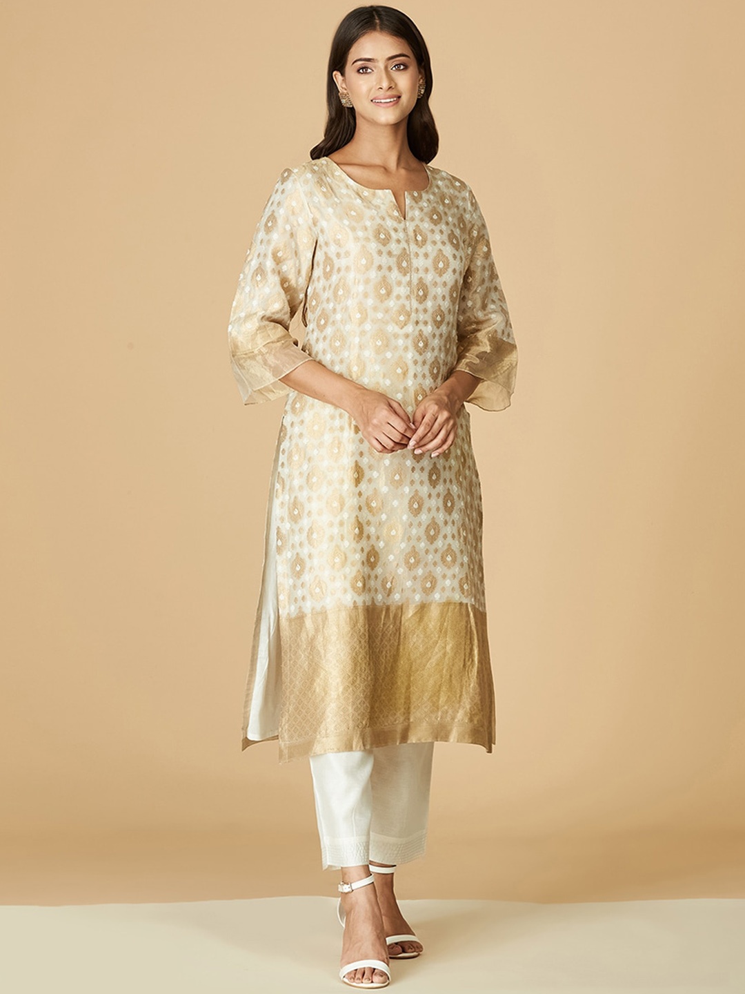 

Fabindia Ethnic Motifs Woven Design Notched Neck Kurta, Gold