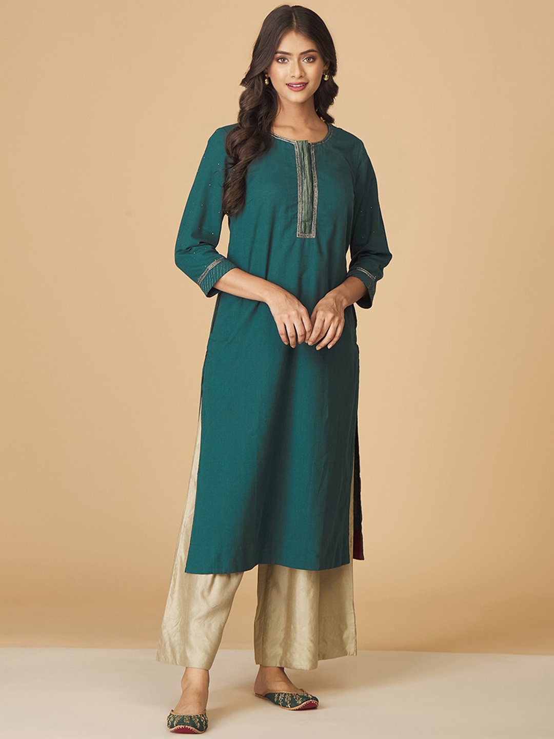 

Fabindia Round Neck Cotton Straight Kurta, Teal