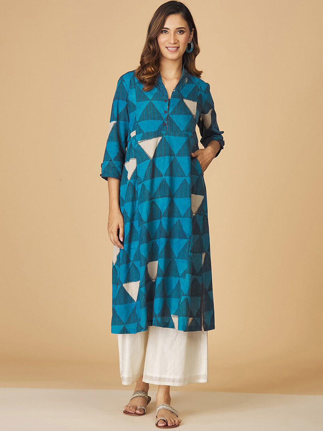 

Fabindia Geometric Printed Cotton A-Line Kurta, Blue
