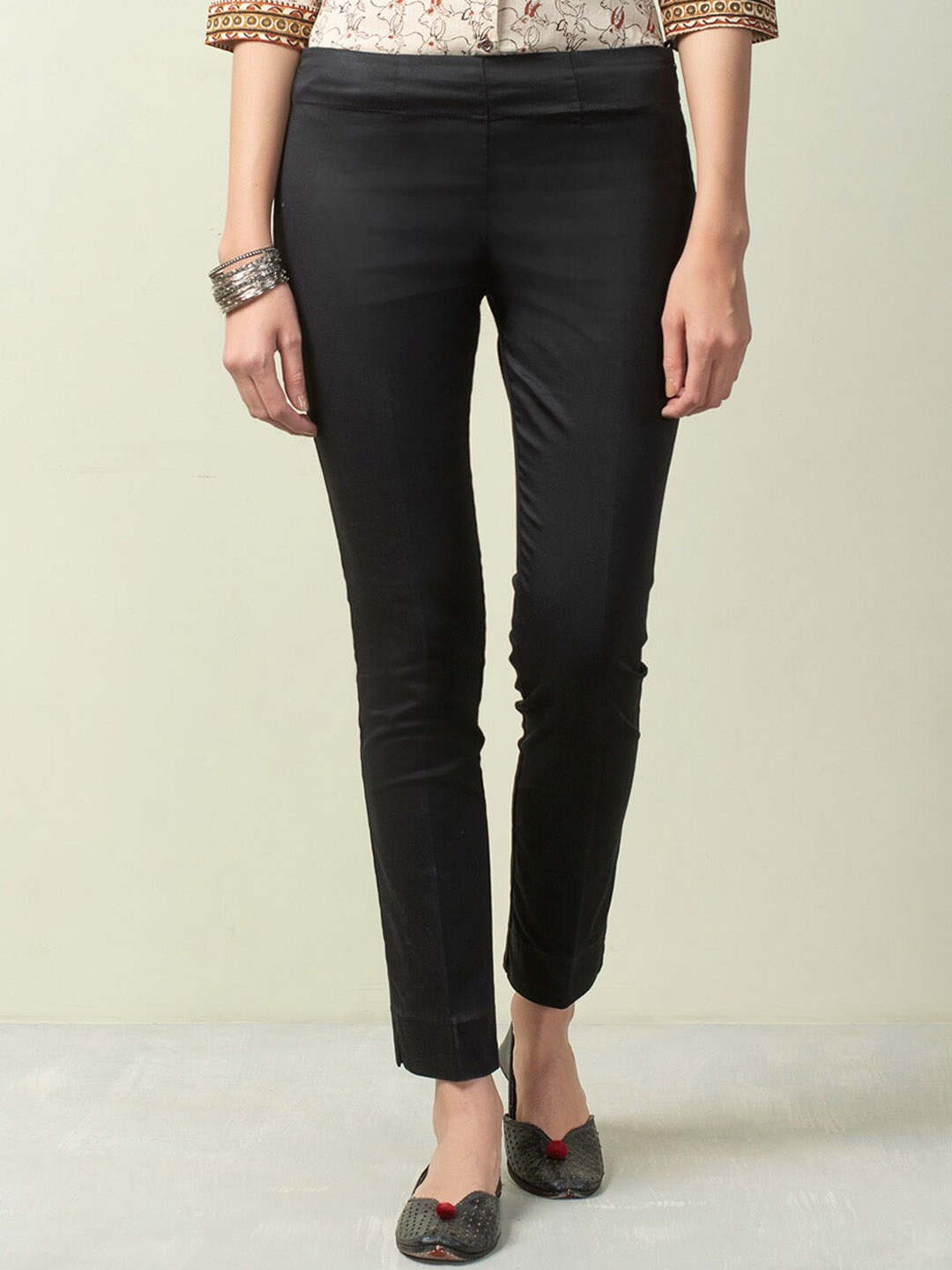 

Fabindia Women Cotton Slim Fit Trousers, Black